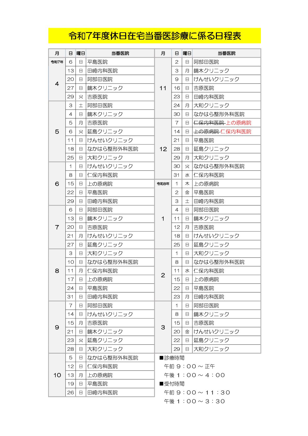 令和7年度休日当番一覧